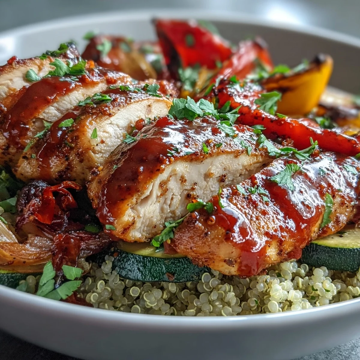 Visually appealing bowl of paprika herb chicken, roasted veggies, and fluffy quinoa.