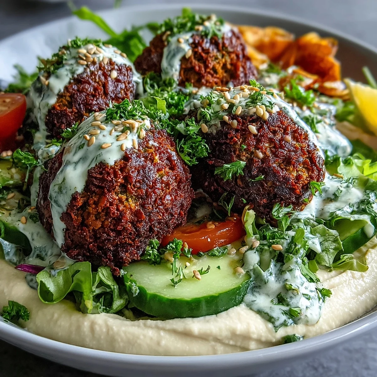 Crispy falafel bowl with creamy hummus, tangy tzatziki, and fresh greens.