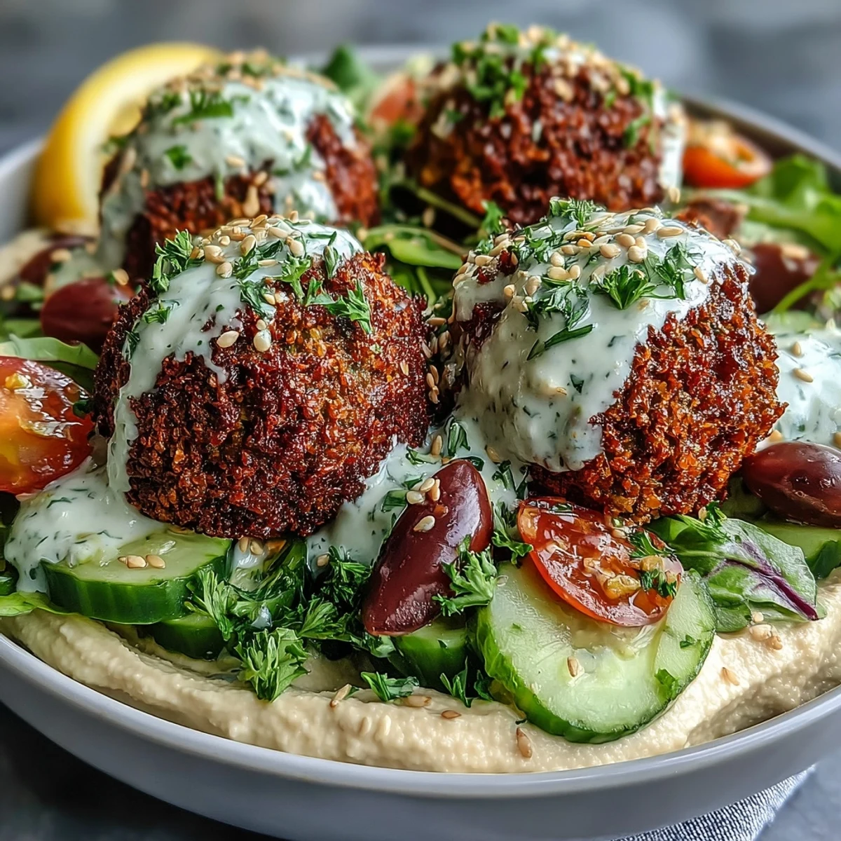 Mediterranean falafel bowl piled high with vibrant vegetables and tahini drizzle.