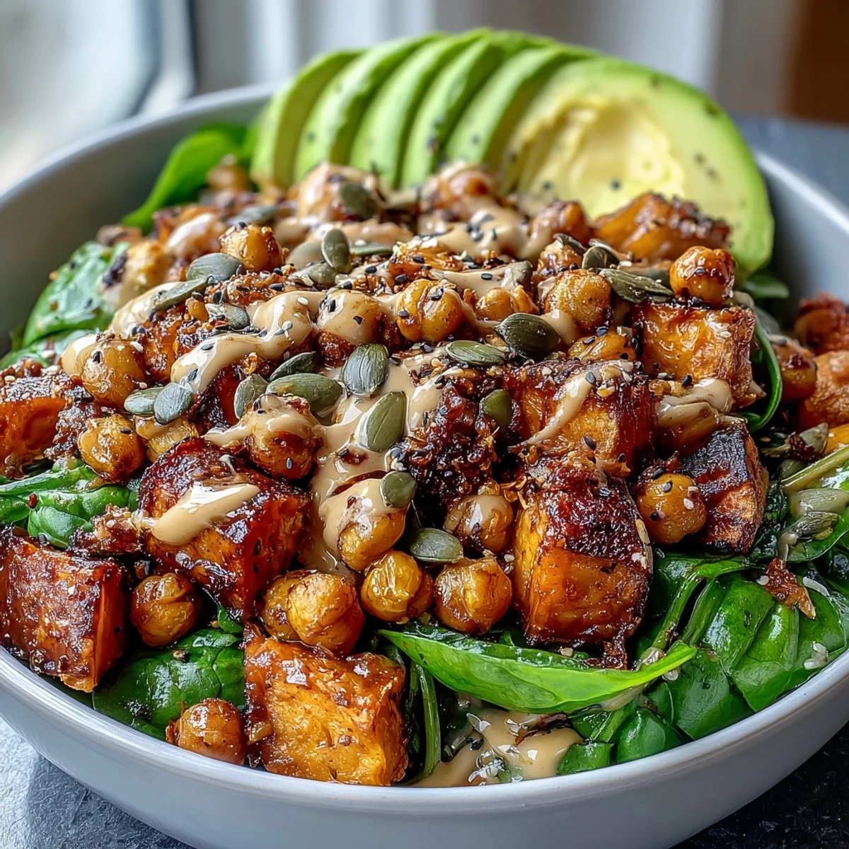 Hearty roasted sweet potato and chickpea bowl, loaded with garlicky spinach.
