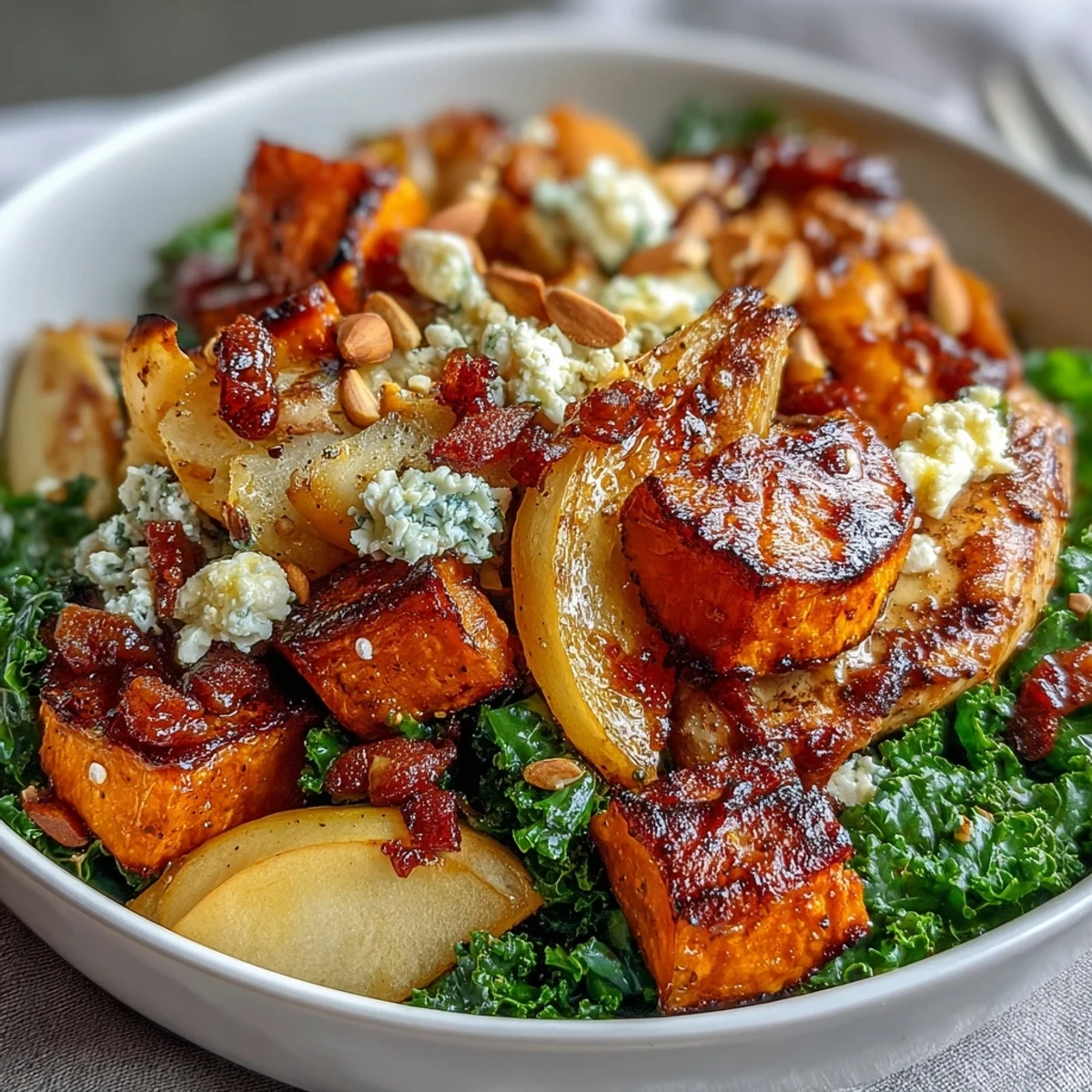 Vibrant Fall Sweet Potato Harvest Bowl with tender chicken and crisp apple slices.