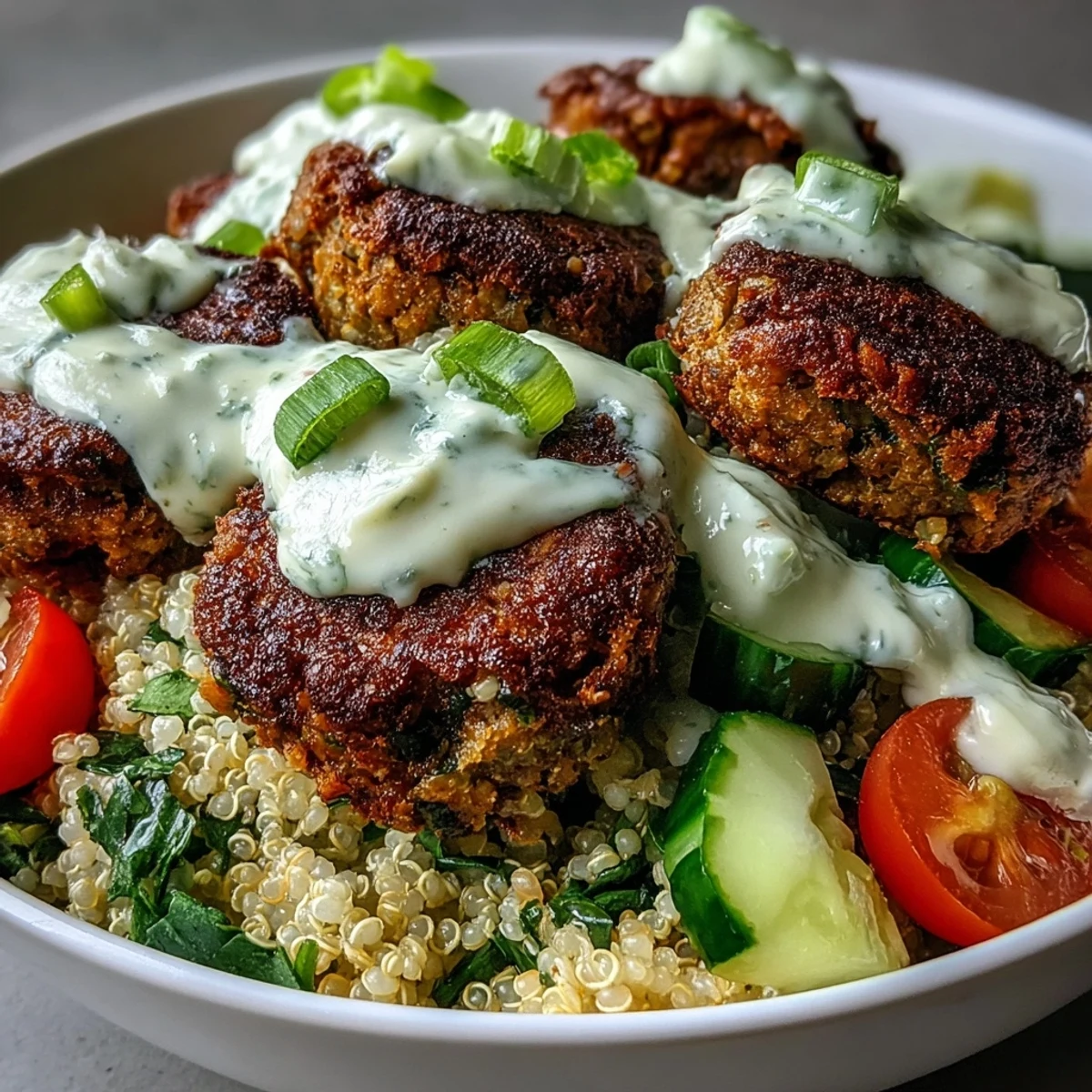 Golden baked falafel balls sit atop fluffy quinoa with diced cucumber and halved cherry tomatoes, drizzled with creamy garlic tahini sauce.
