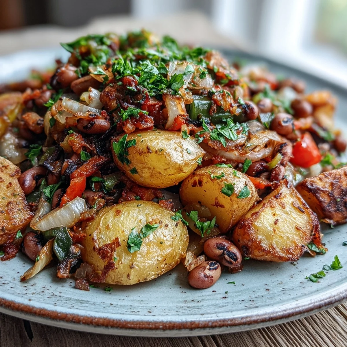 Golden roasted Black-Eyed Pea Hash with diced potatoes, peppers, and onions served hot from the oven.