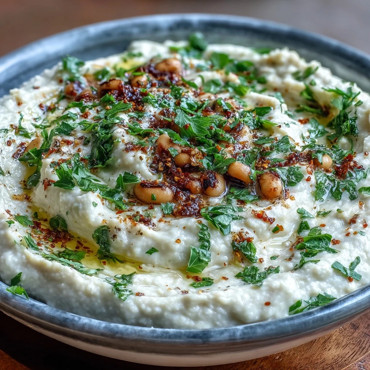 Creamy Smashed Black-Eyed Peas topped with olive oil and fresh parsley in a rustic serving bowl.