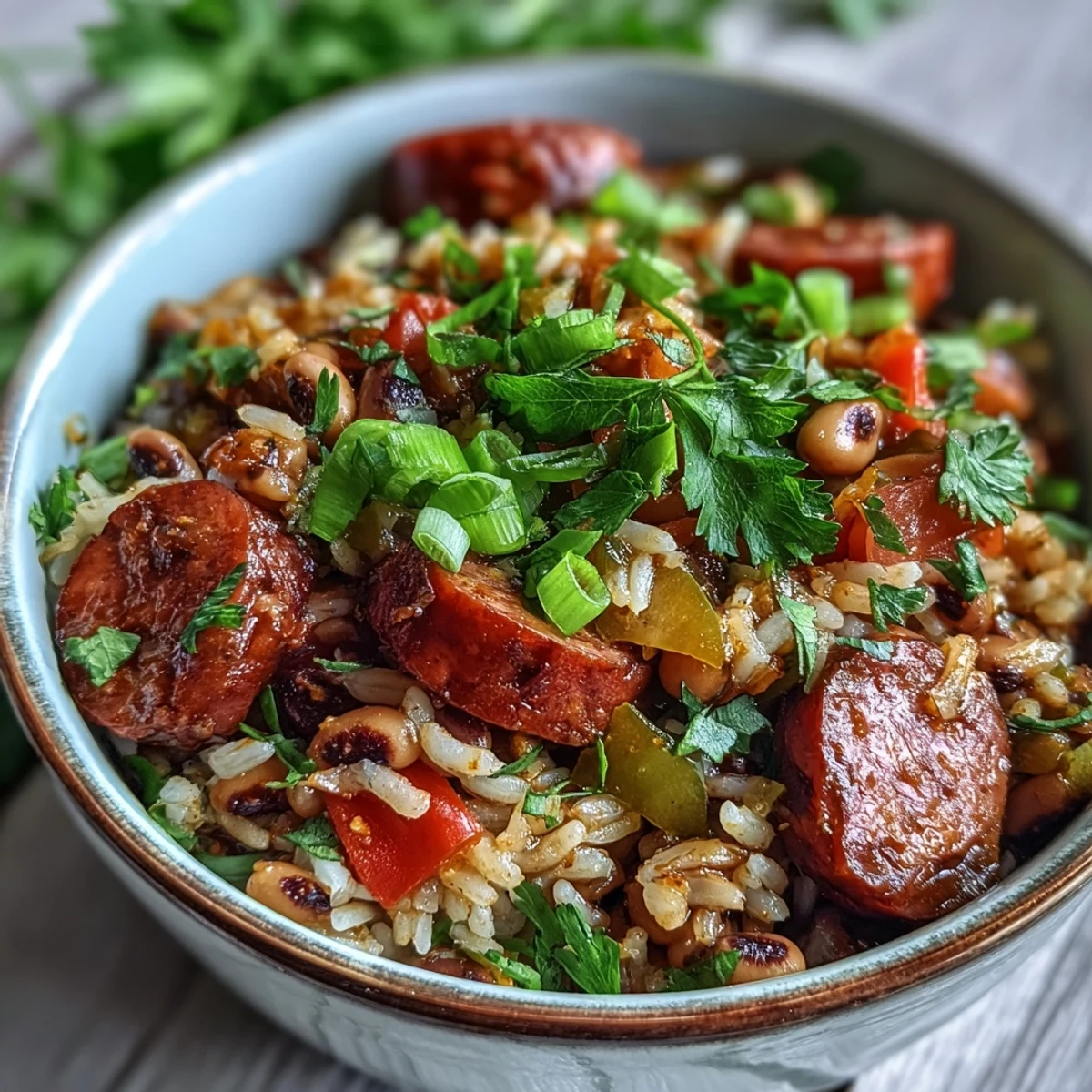 A hearty spoonful of Black-Eyed Pea Jambalaya reveals tender rice, black-eyed peas, and fresh parsley garnish.