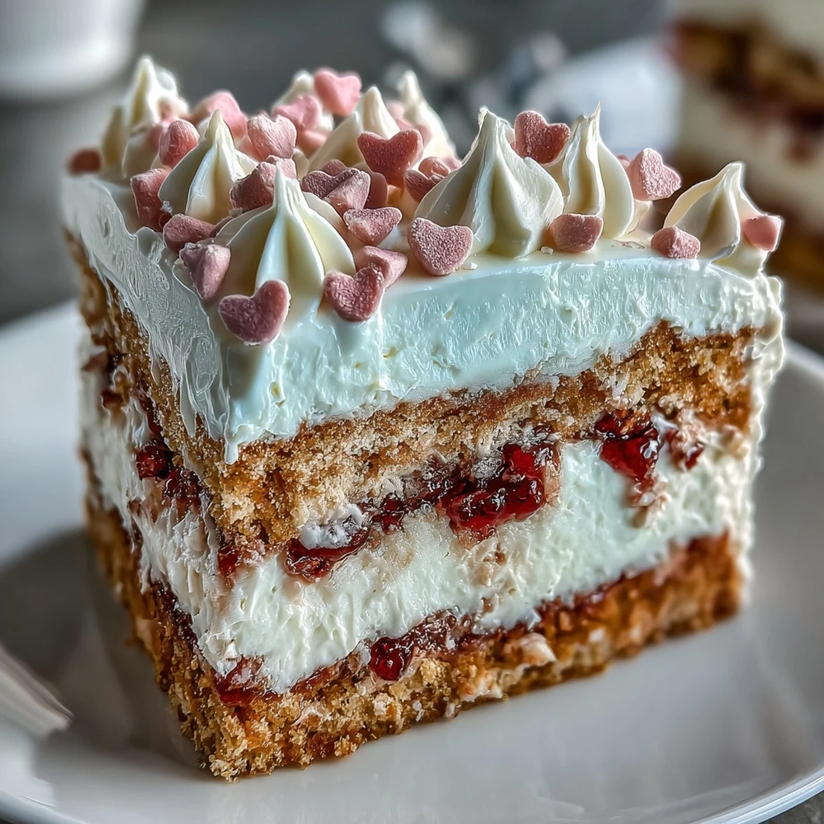 A whole Candy Hearts Fake Cake with pink whipped frosting, decorated with conversation hearts and rainbow sprinkles.