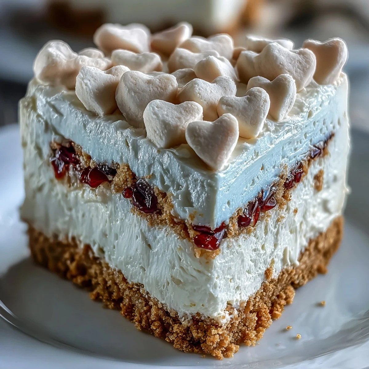 Chilled Candy Hearts Fake Cake slice on a plate, revealing the graham cracker crust and airy whipped cream layers.