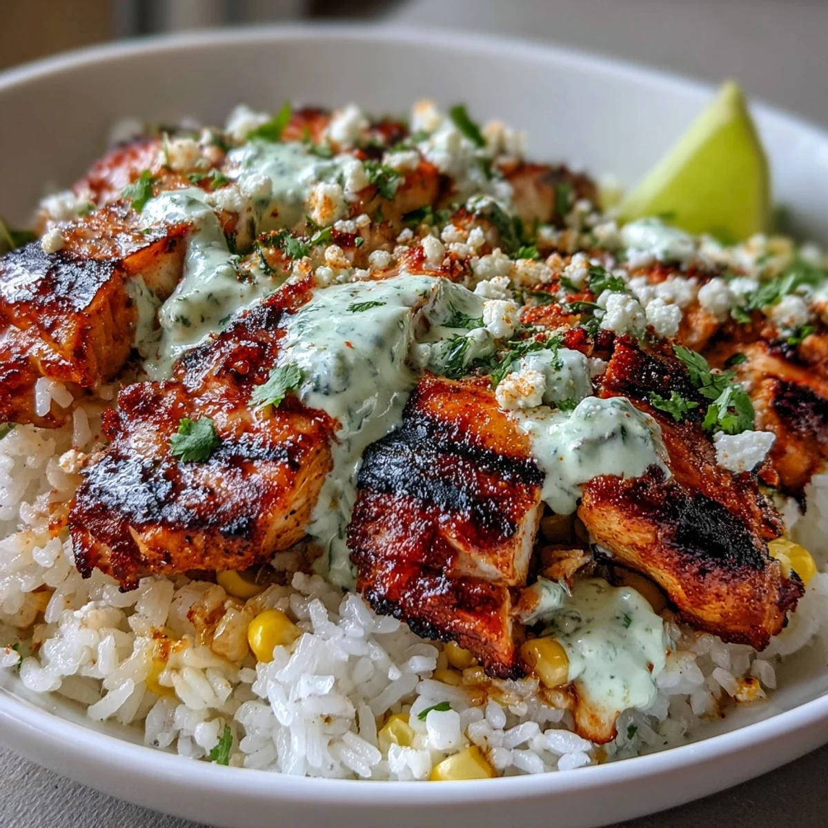 Sizzling citrus-marinated chicken thighs are sliced and fanned over fluffy rice for Street Corn Chicken and Rice Bowls. 