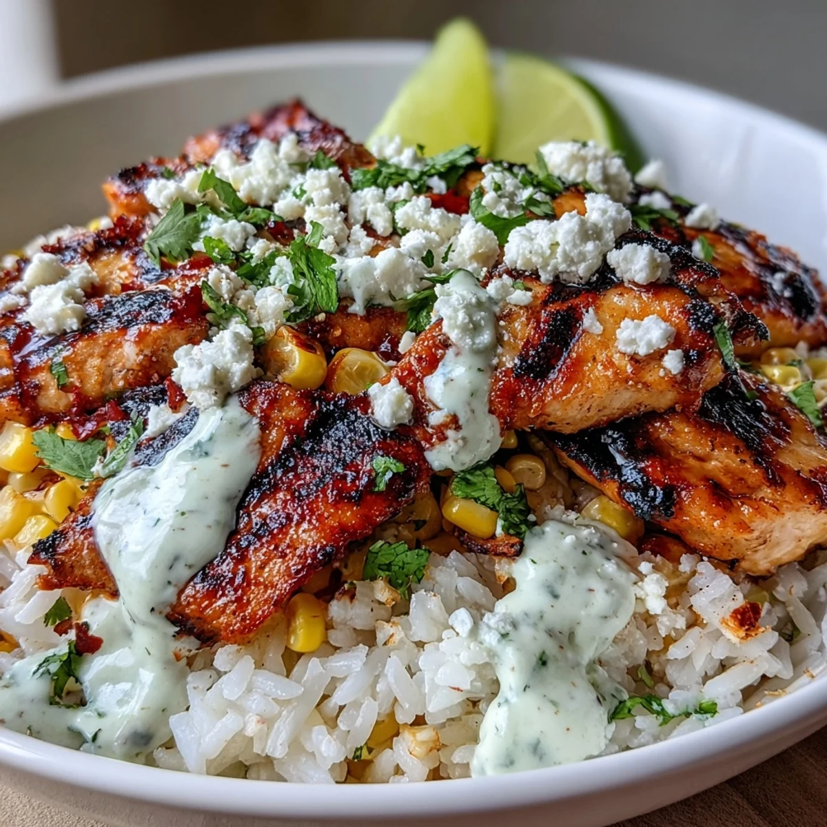 Charred corn kernels, creamy cotija cheese, and a drizzle of zesty crema top the vibrant bowl. 