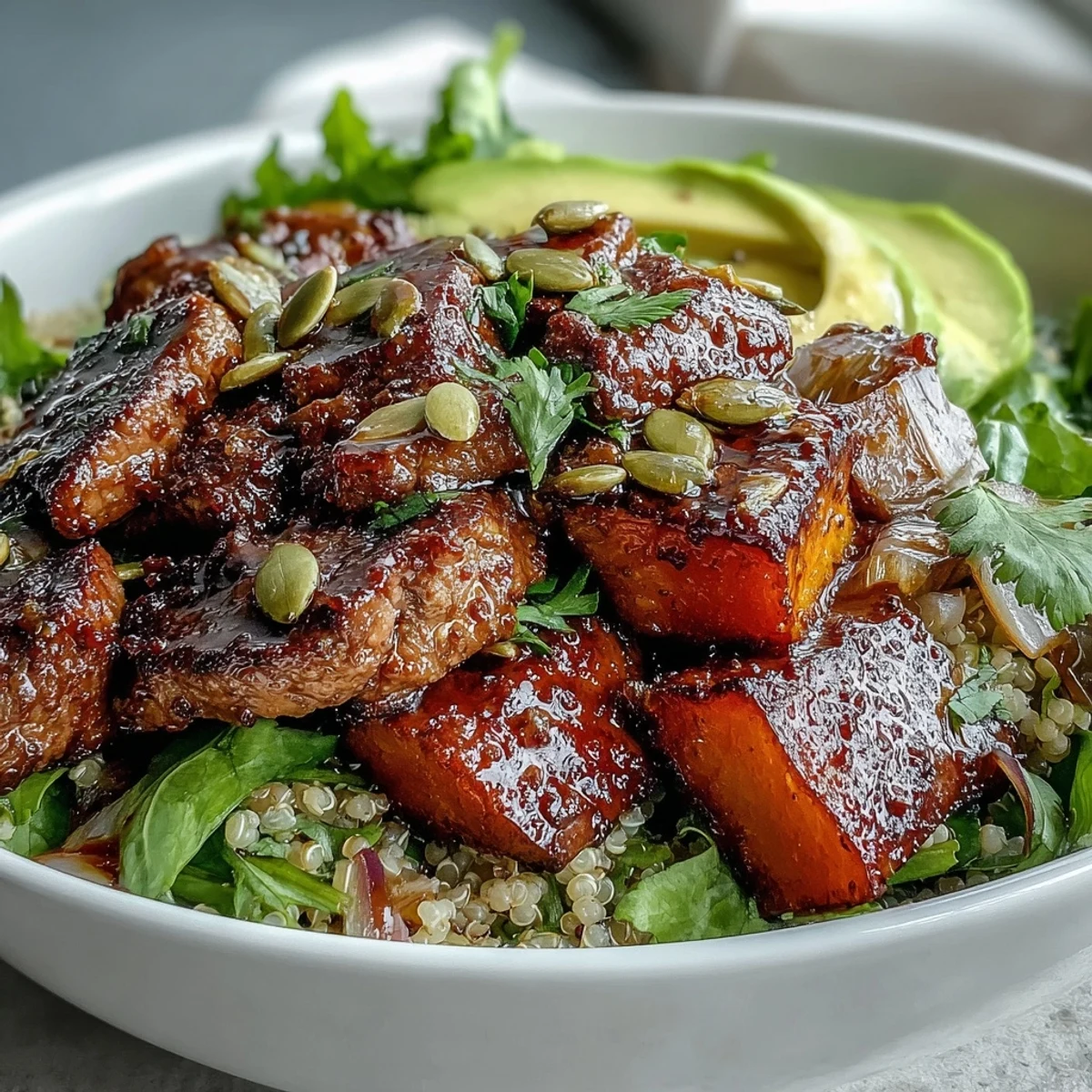 Golden roasted butternut squash steak bowls topped with smoky sliced steak and creamy avocado slices.