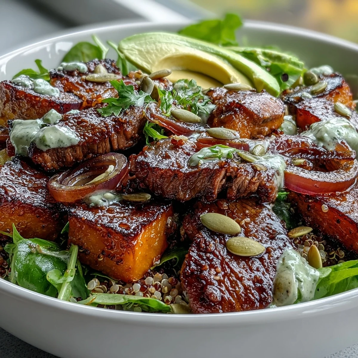 Fluffy quinoa cradles vibrant greens and sliced steak, ready for a drizzle of lime cilantro dressing.