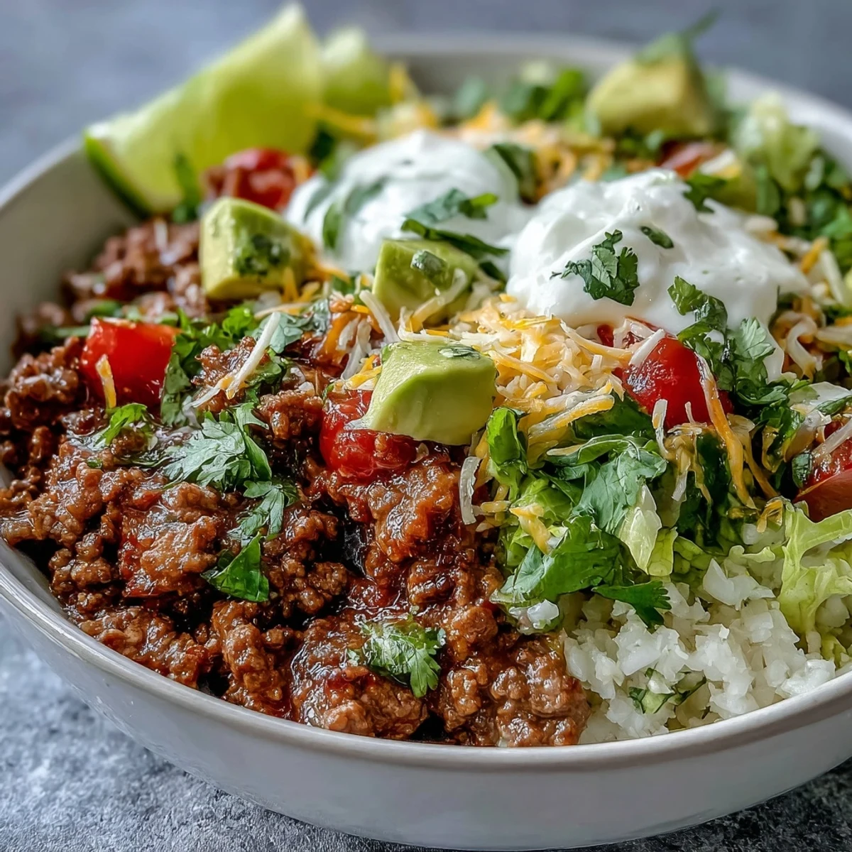 A platter of Low Carb Burrito Bowl featuring savory seasoned beef, cauliflower rice, and fresh toppings.