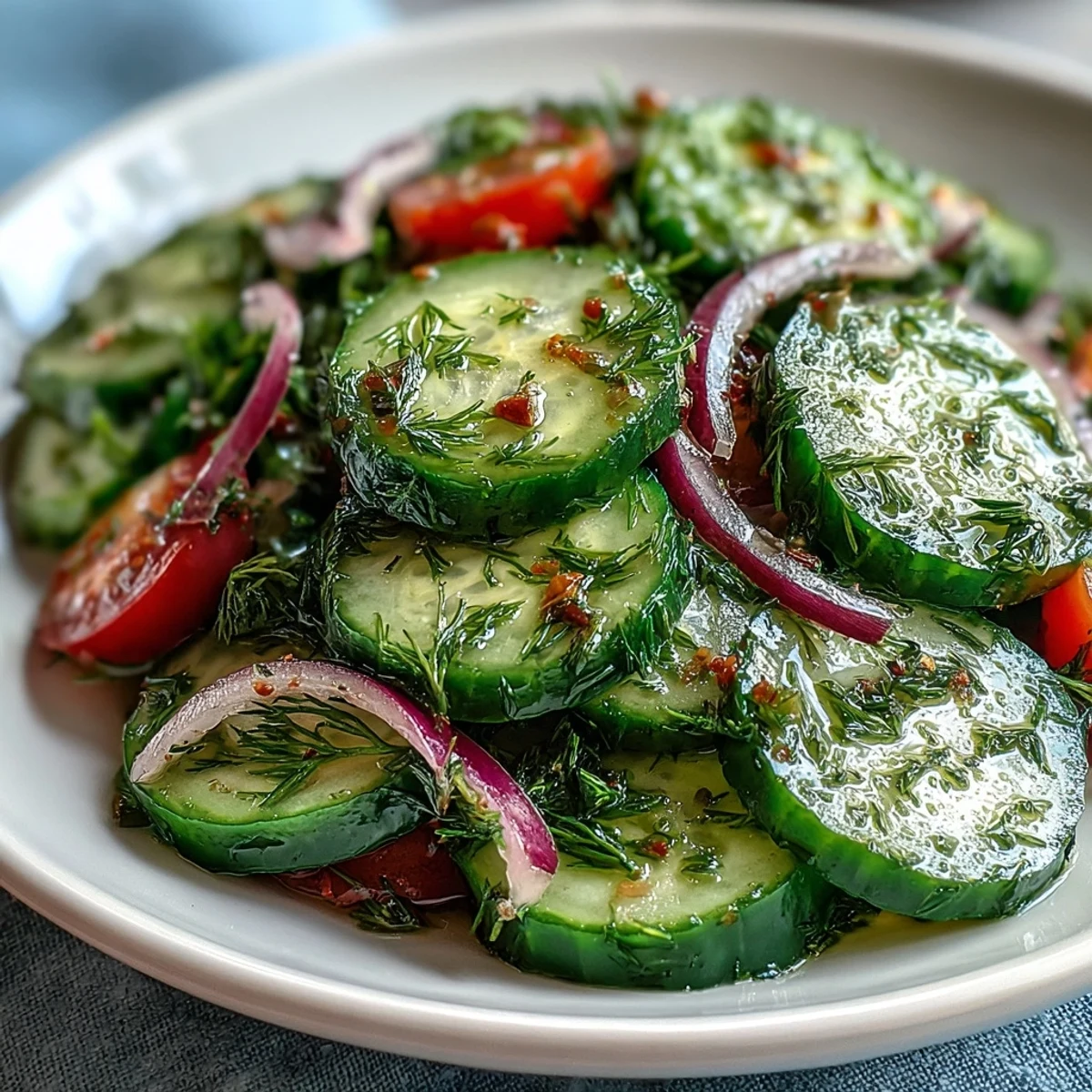 Refreshed Crunchy Cucumber Salad with crisp cucumbers, red onion, and dill served on a white plate.