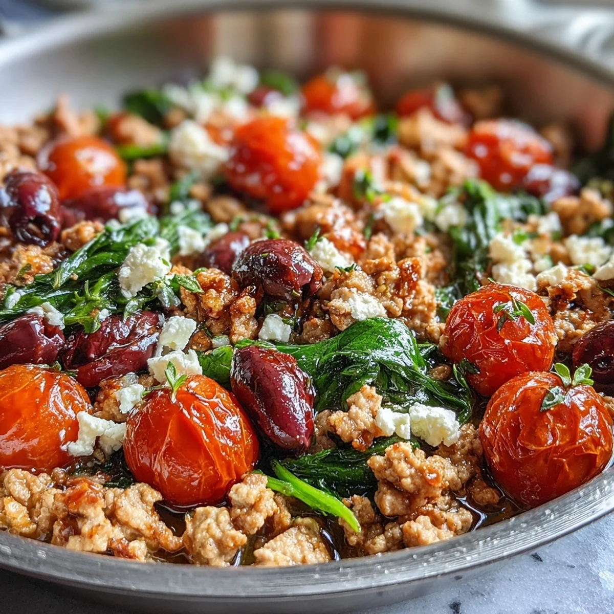 Colorful Mediterranean Keto Ground Chicken Skillet with vibrant red tomatoes, green spinach, and black olives, ready to serve with lemon wedges.