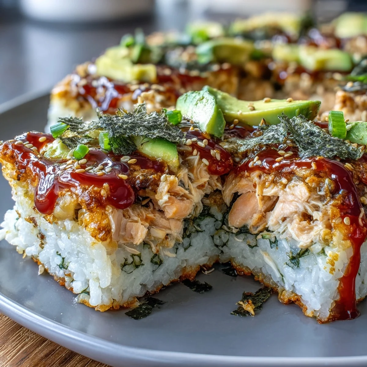 A close-up of the baked Spicy Salmon Sushi Bake, showing a golden, bubbling cheese topping over the vibrant salmon layer and seasoned rice.