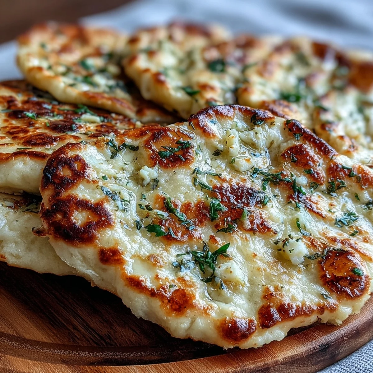 Fluffy, soft Best Easy Garlic Naan Bread topped with fresh cilantro, served alongside a rich red curry dish.