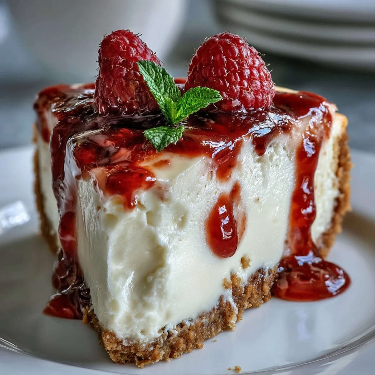Freshly sliced Indulgent White Chocolate Raspberry Cheesecake Bliss on a ceramic platter, showcasing creamy layers and a swirl of bright red raspberry sauce against a buttery graham cracker crust, ready to serve.