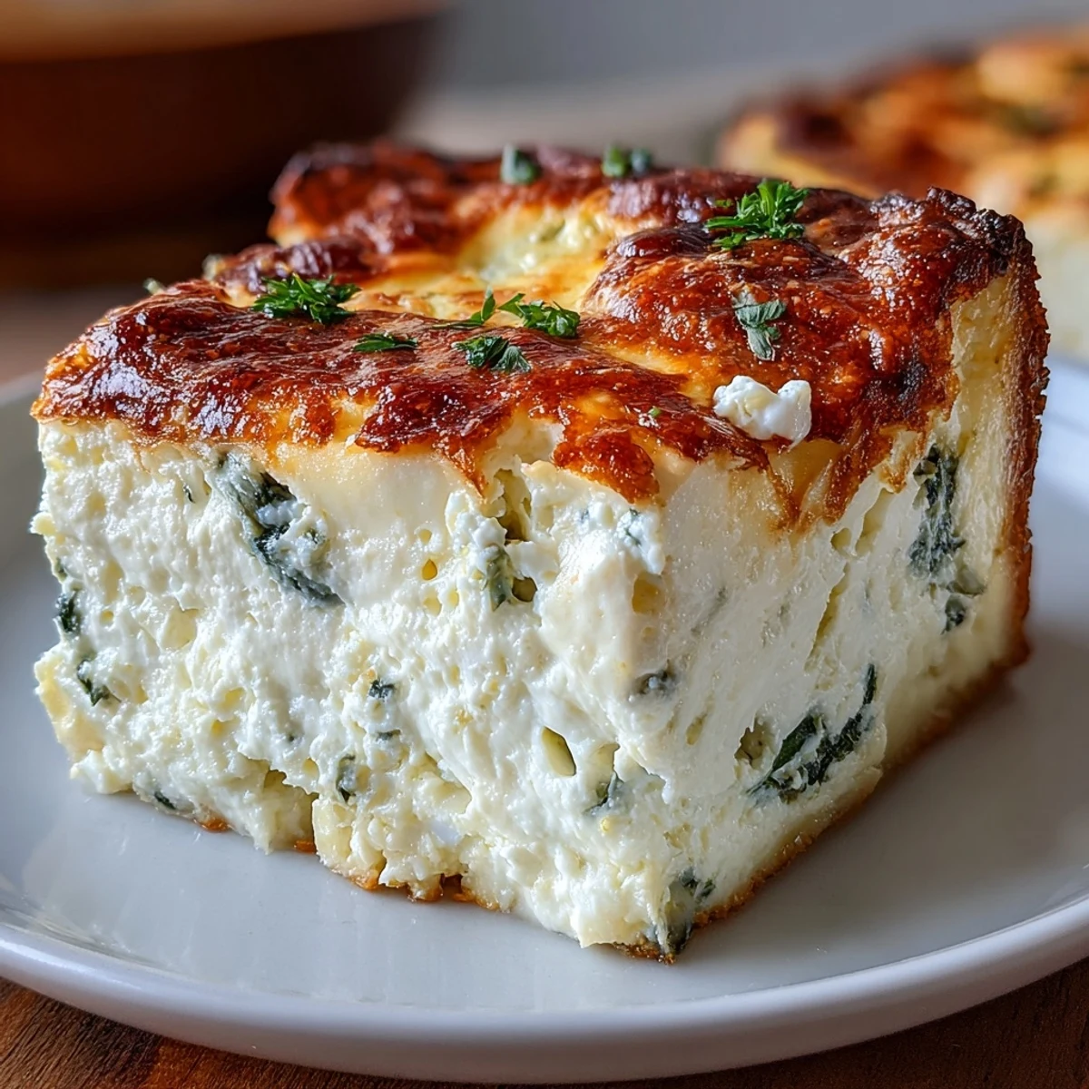 A serving of High Protein Spinach Artichoke Bake on a wooden board, garnished with fresh herbs and ready to enjoy.