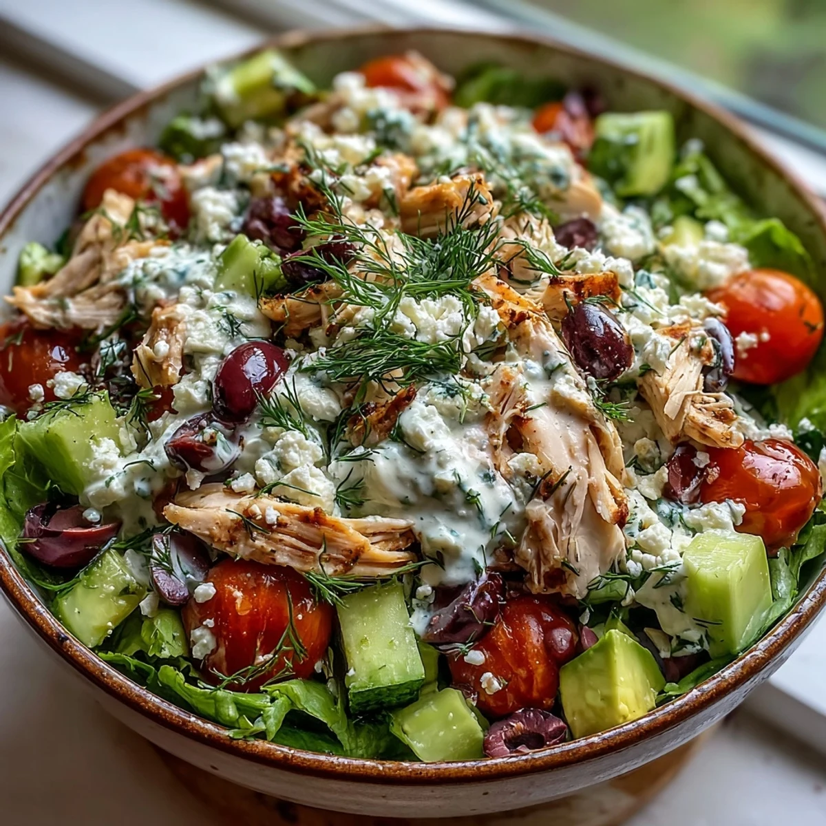 Bright shredded rotisserie chicken tossed in creamy homemade tzatziki with crisp cucumber and red onion, topped with feta and olives.