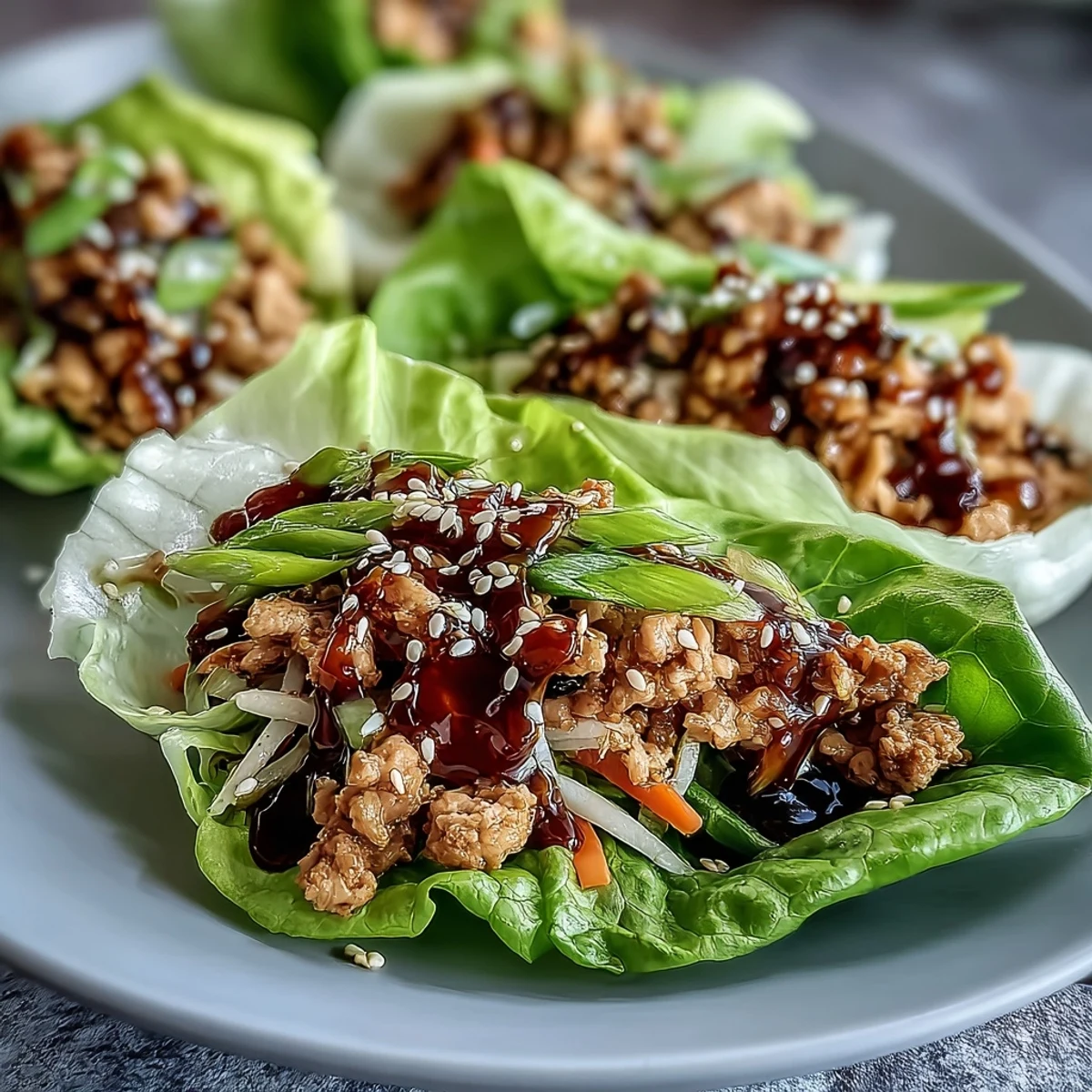 A handheld potsticker noodle lettuce cups dinner with turkey and veggies, ready with chili garlic sauce on the side.