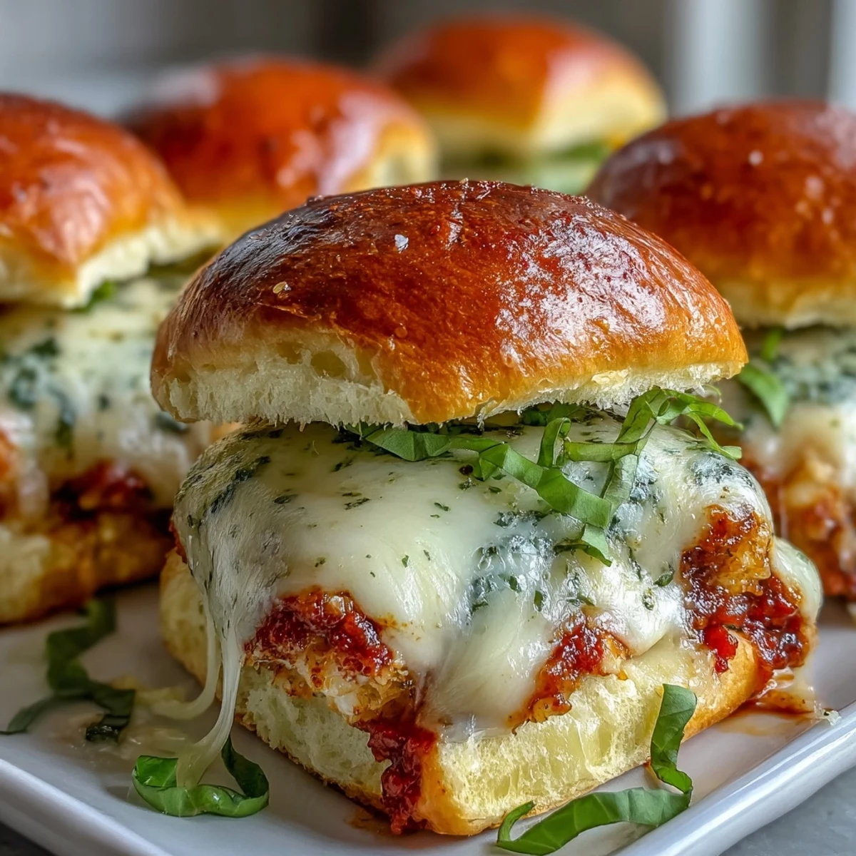 Freshly baked Pesto Chicken Parmesan Sliders served warm on a rustic table, garnished with chopped basil leaves.