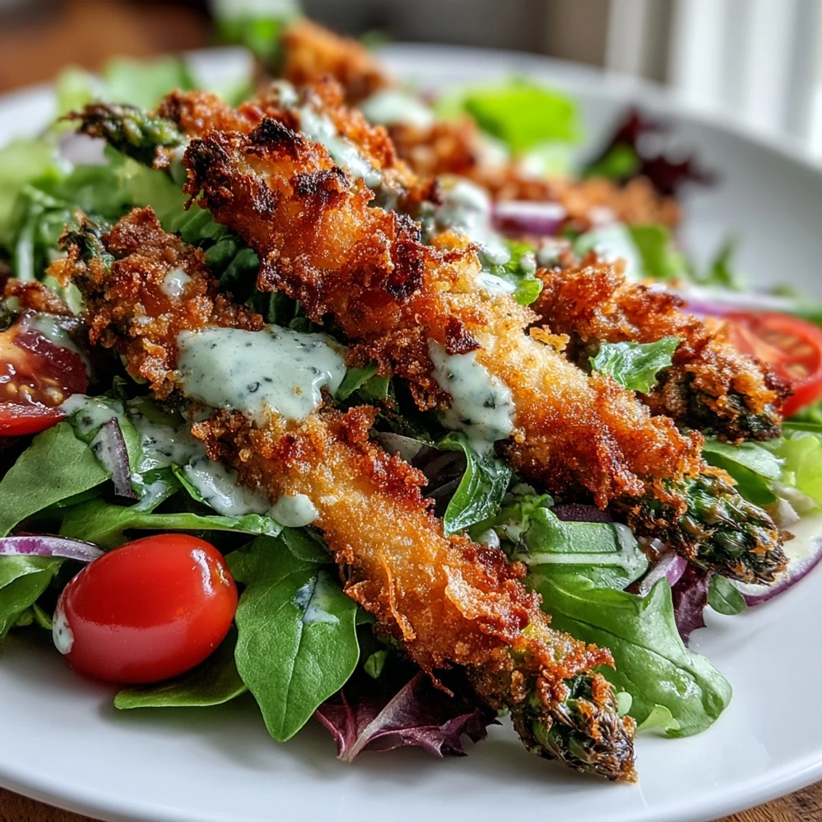 Crispy Parmesan Asparagus Chicken Salad topped with golden, crunchy asparagus spears over mixed greens and juicy tomatoes. 