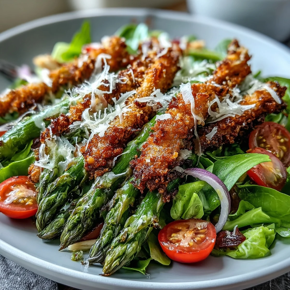 Golden-brown Parmesan asparagus spears rest atop Crispy Parmesan Asparagus Chicken Salad with fresh basil and red onion slices.