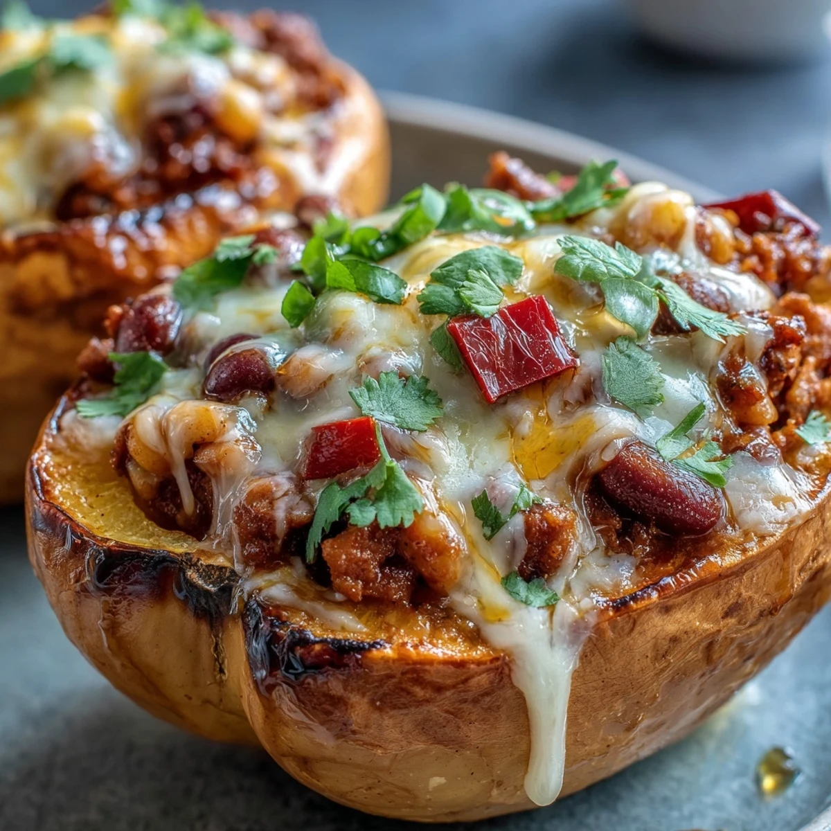Savory Hot Honey Chili Mac spooned into warm roasted acorn squash, garnished with fresh cilantro and drizzle.