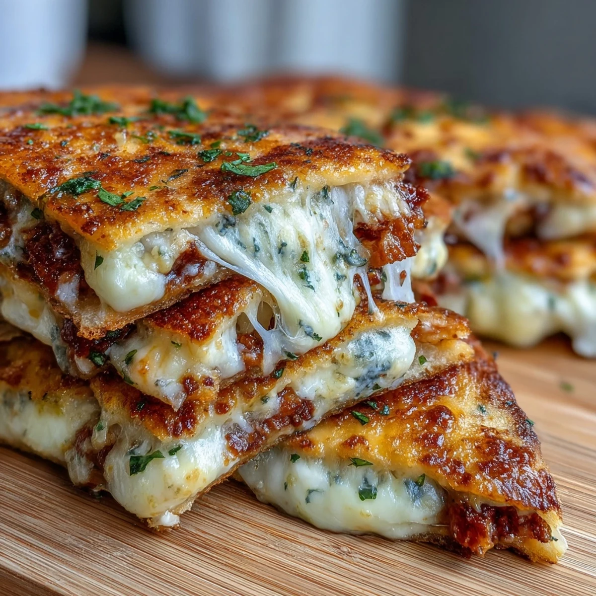 Crispy, golden-brown naan grilled cheese sandwich stuffed with gooey mozzarella, brushed with fragrant brown butter garlic.