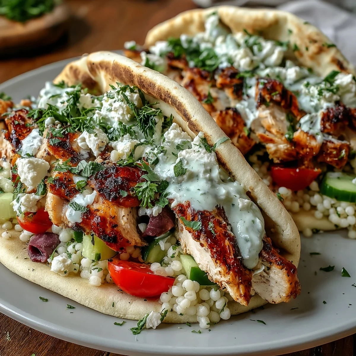 Crisp vegetables and crumbled feta peek from the fluffy couscous in these handheld, Mediterranean-inspired Greek Chicken Feta Stuffed Pitas.