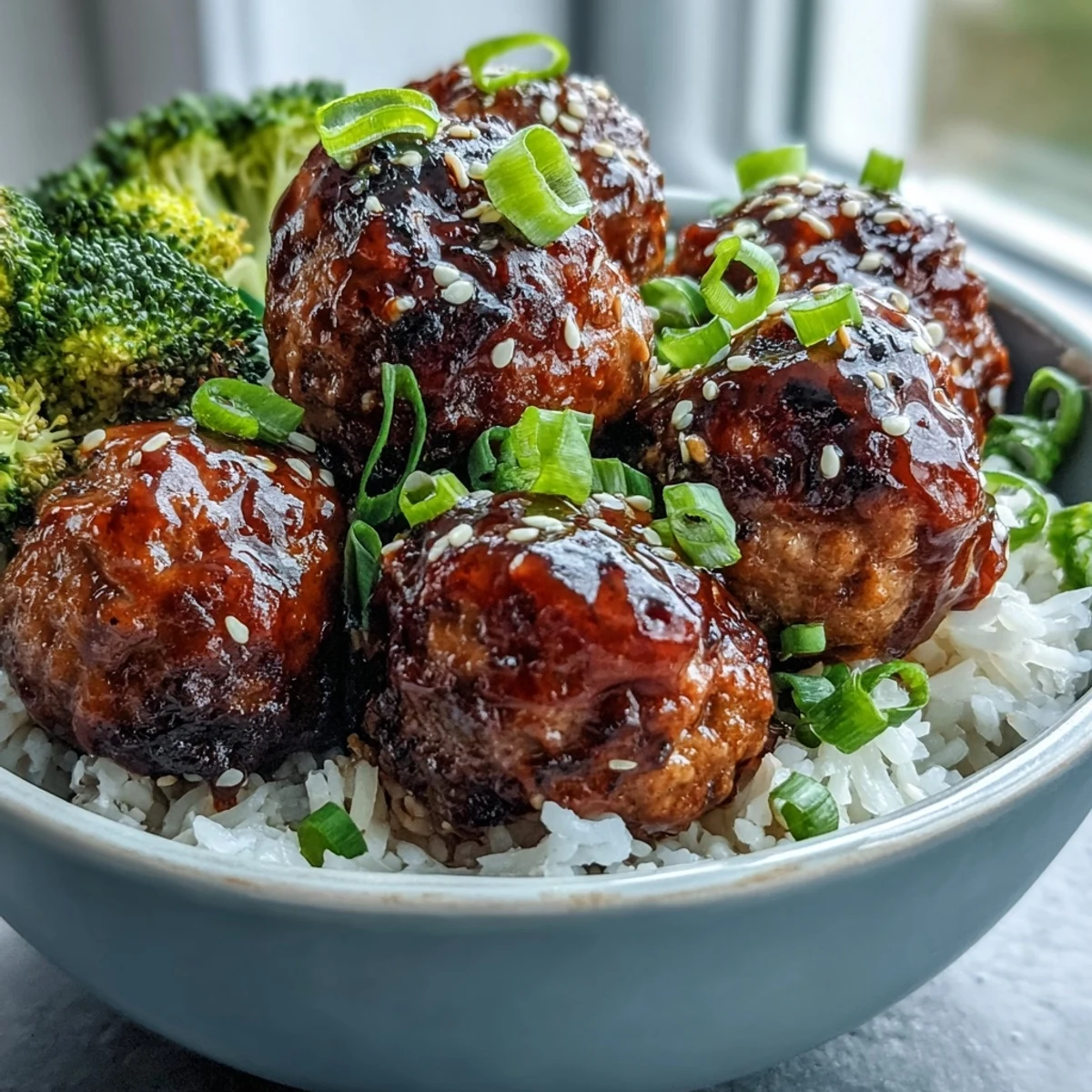 Golden Honey Garlic Turkey Meatball Bowls with fluffy rice and bright green broccoli, ready to serve.