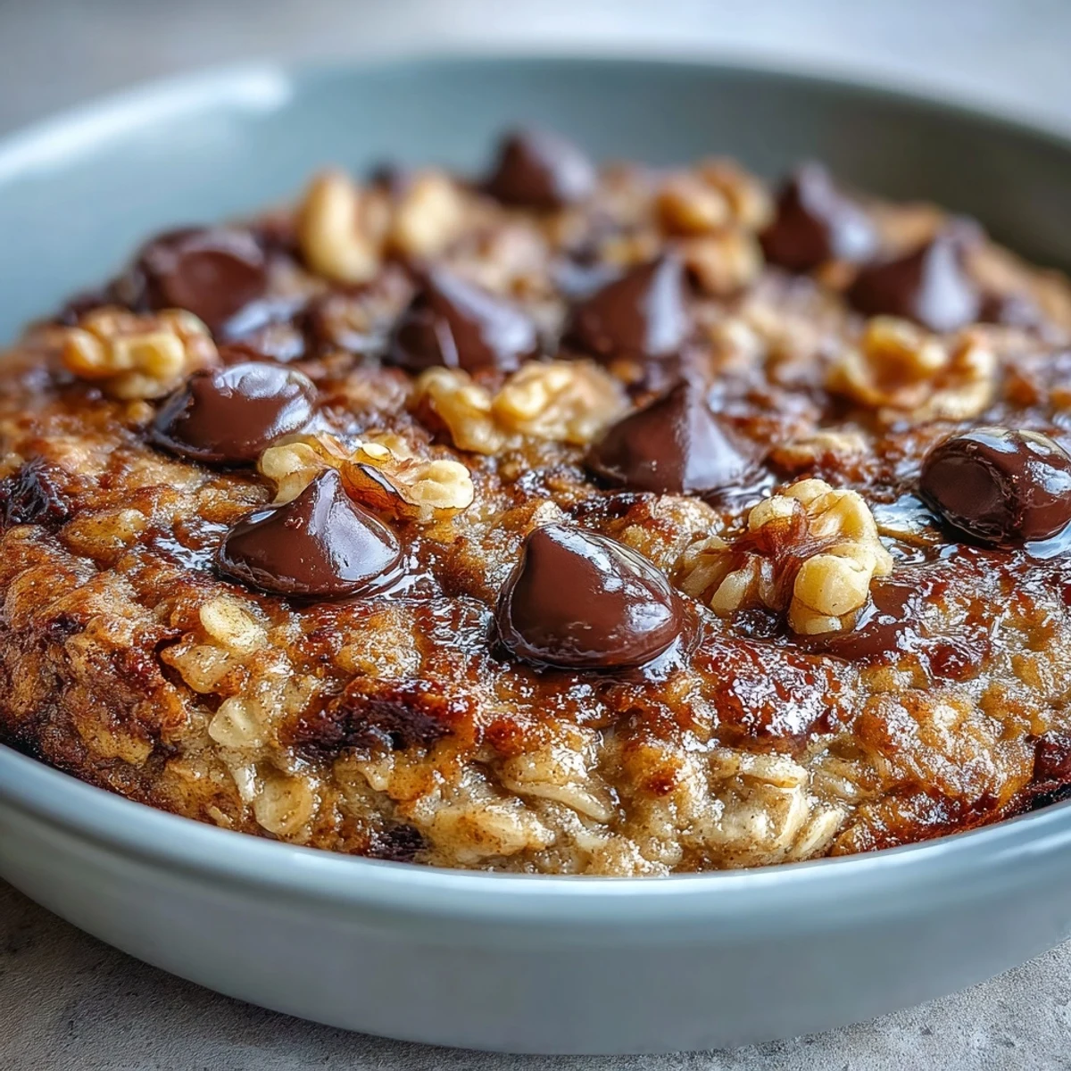 A close-up of a gooey slice of Chunky Monkey Oatmeal Cookie Skillet highlighting ripe banana chunks and rich chocolate.