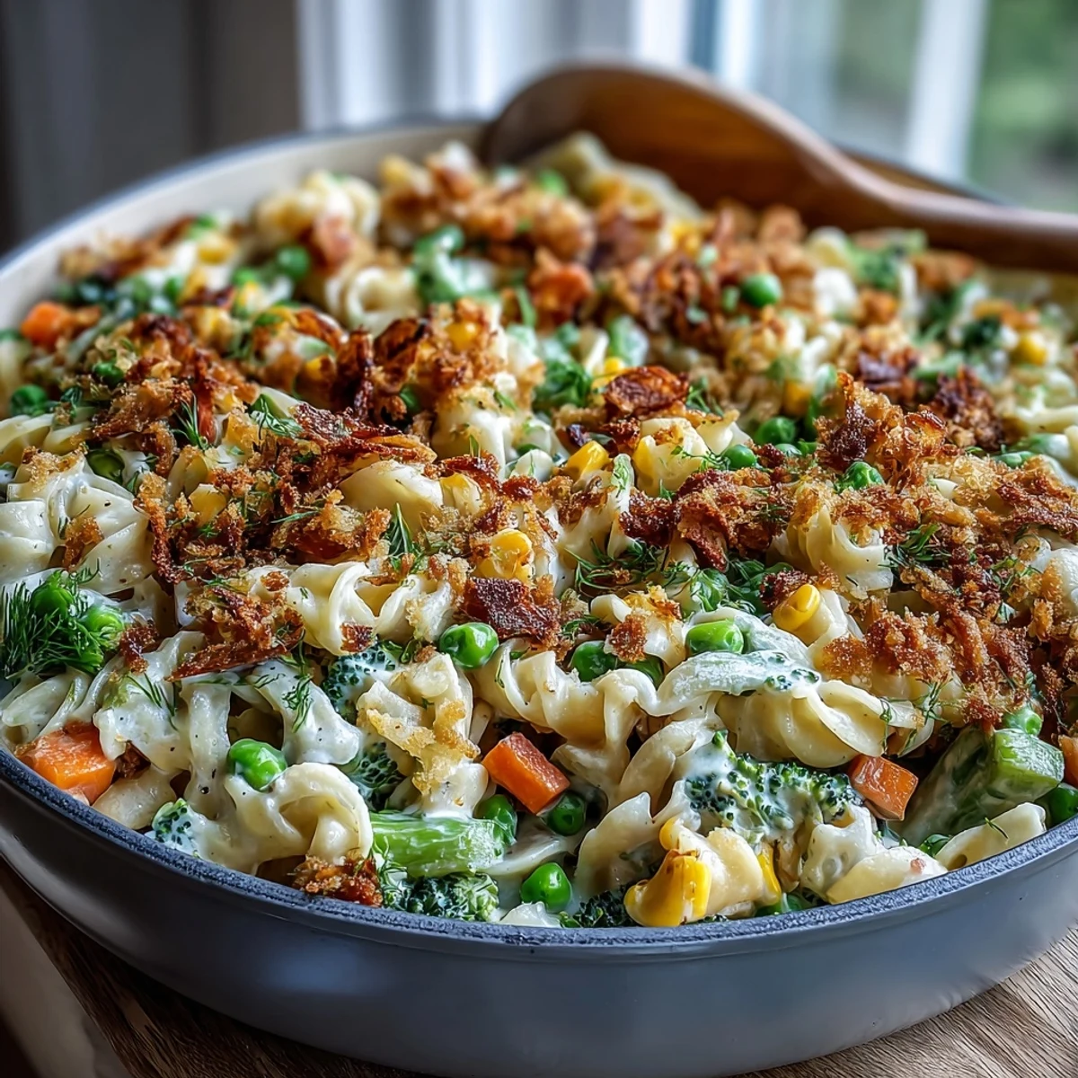 Close-up of Creamy Veggie Pot Pie Pasta with a crisp, golden panko topping and visible broccoli florets in a skillet.