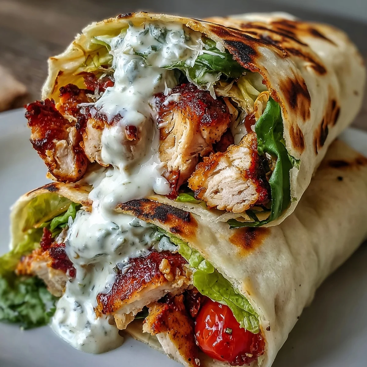 Garlic Naan Grilled Chicken Caesar Wraps filled with juicy grilled chicken and crisp romaine lettuce. 