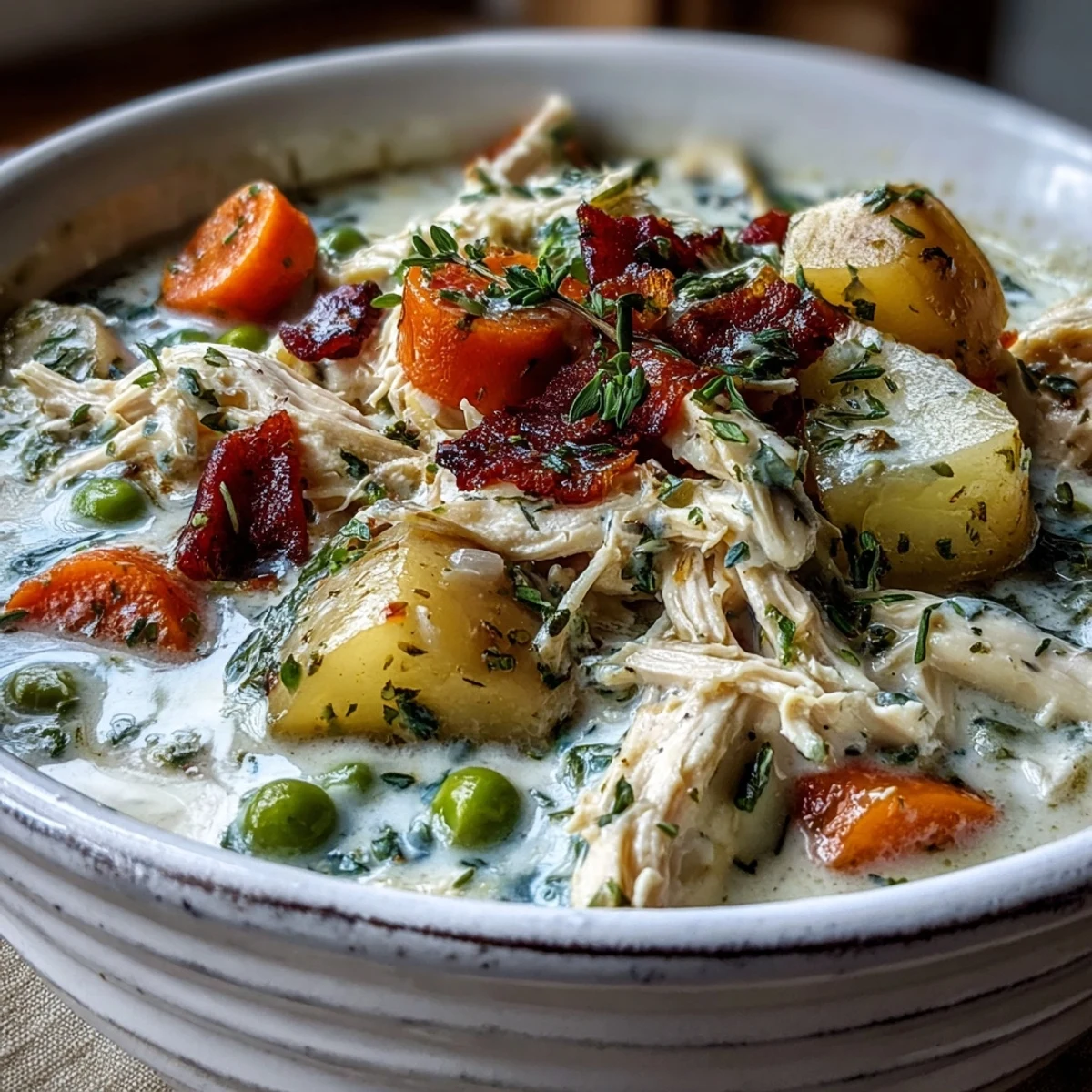 Creamy Chicken Pot Pie Soup steaming in a rustic bowl, topped with fresh parsley and golden puff pastry croutons.