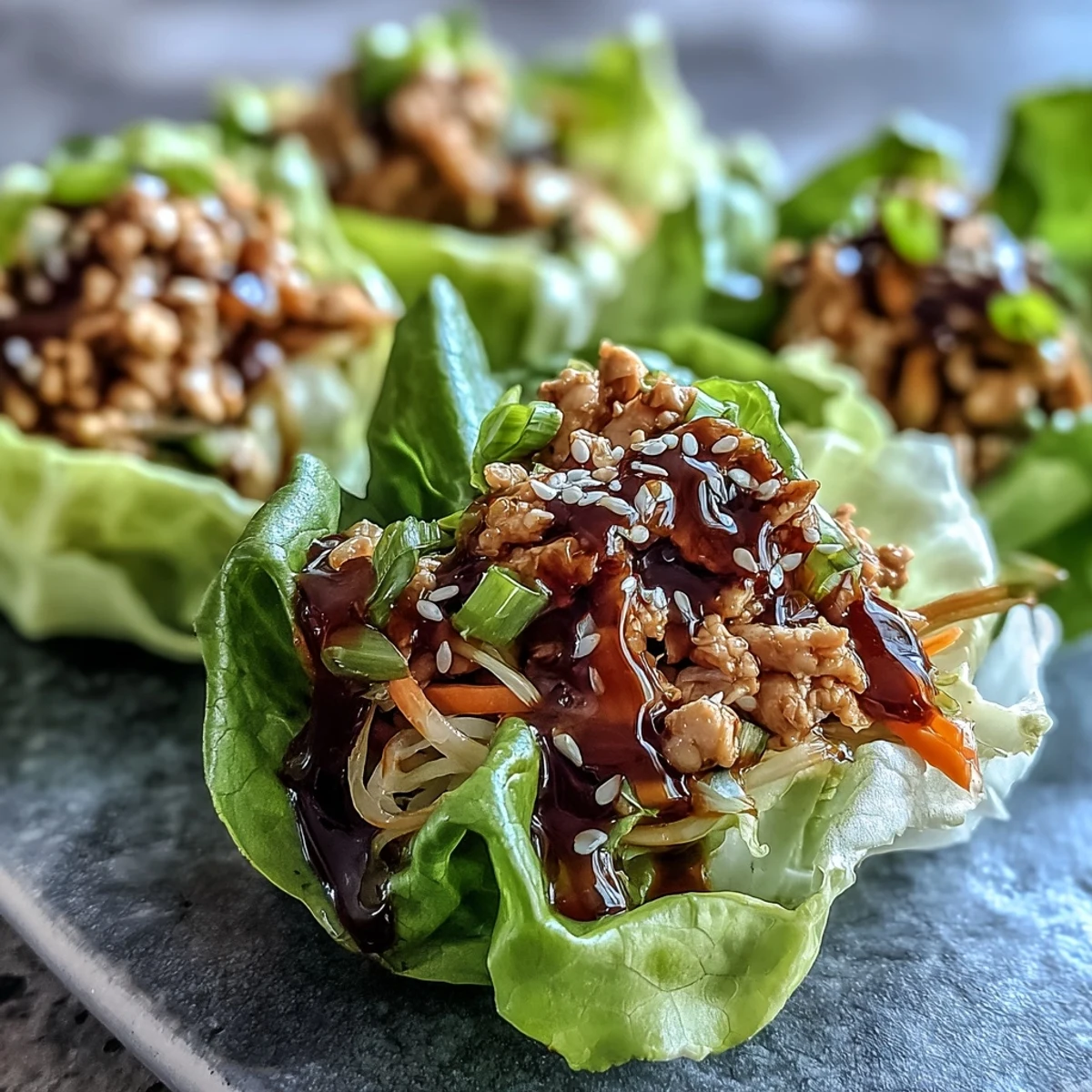 Filling crisp butter lettuce cups with savory turkey and noodles for a low-carb potsticker noodle lettuce cups meal.