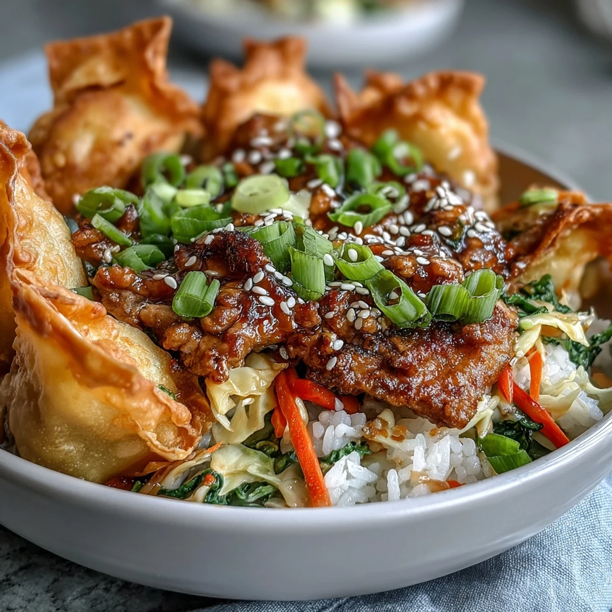 A serving of Crispy Baked Egg Roll Chicken Bowls features savory ground chicken and crunchy vegetables over fluffy rice, topped with golden baked wonton strips.