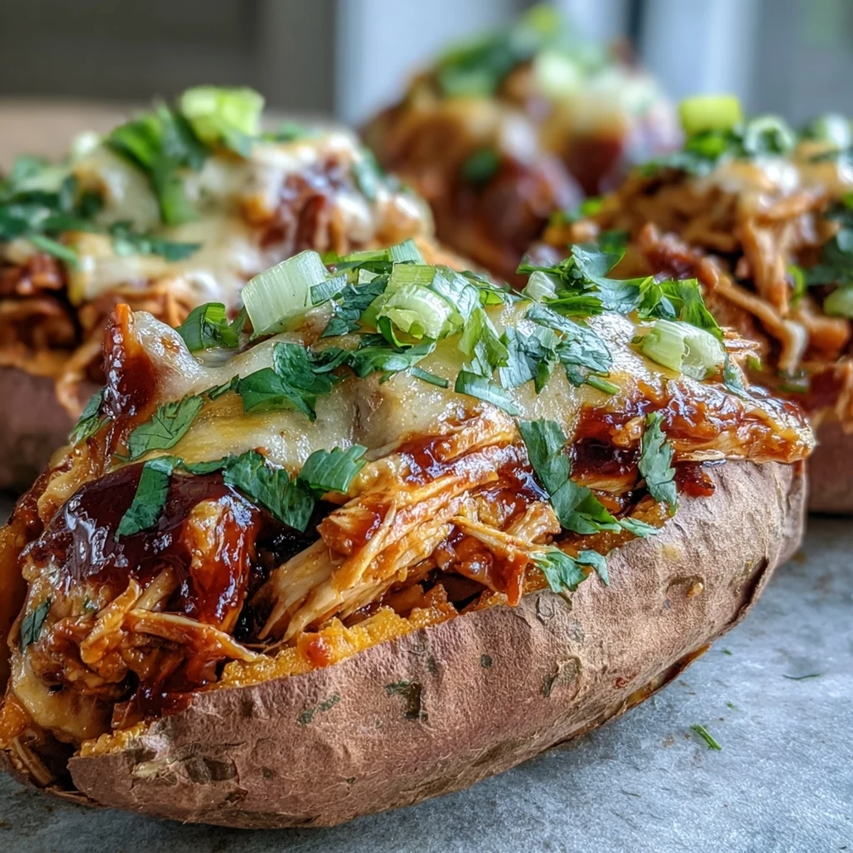 Fork-tender Honey BBQ Chicken Stuffed Sweet Potatoes topped with melted cheddar and fresh cilantro on a plate.