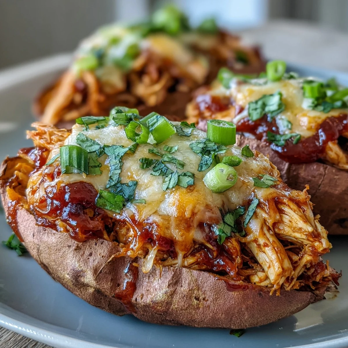 Golden baked Honey BBQ Chicken Stuffed Sweet Potatoes served hot with bubbling cheese and fresh herbs garnish.