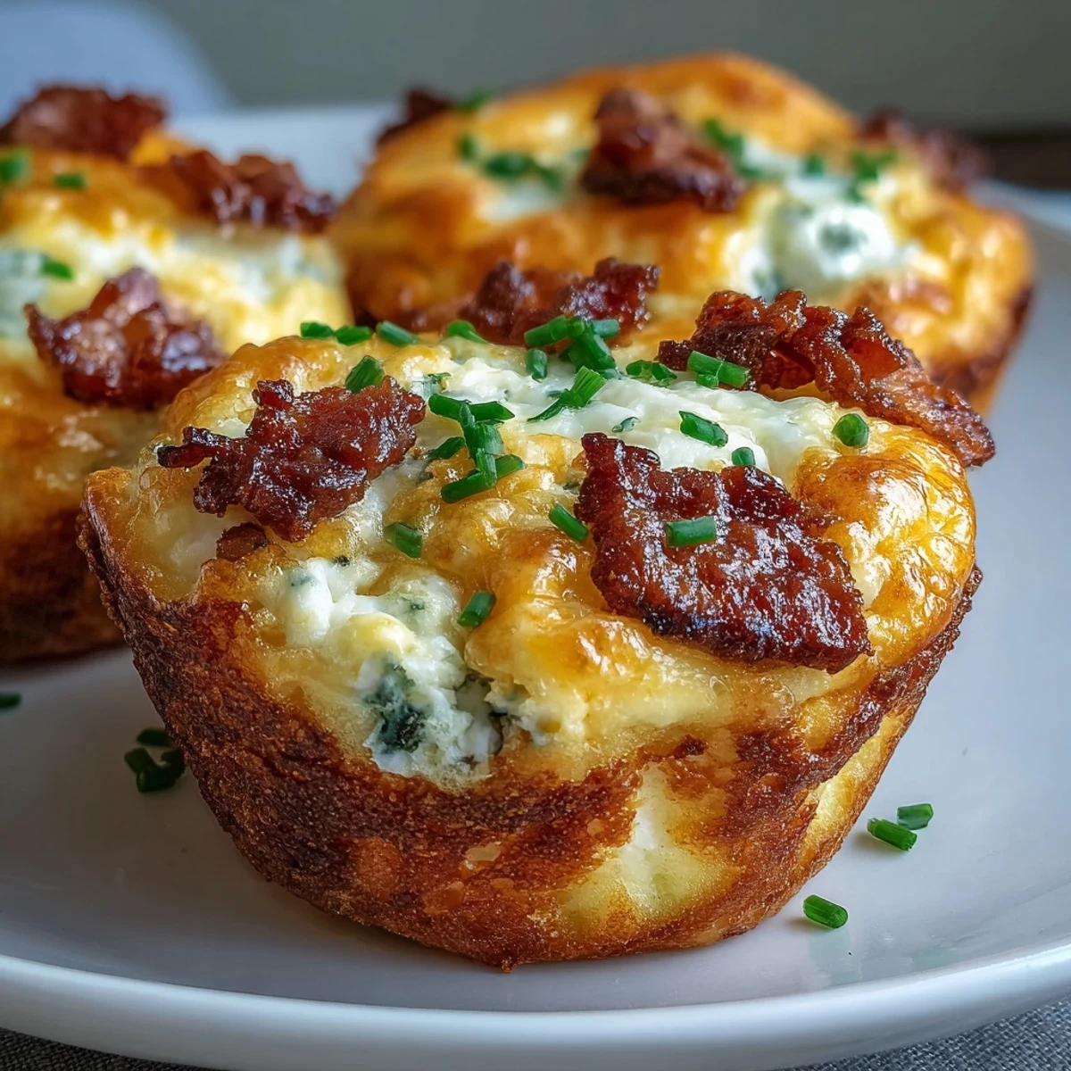 Golden-brown Ranch & Cheddar Egg Muffin Cups sit on a white plate, featuring visible chunks of crispy bacon and melted sharp cheddar. A basket of fresh fruit sits beside them for a complete breakfast.