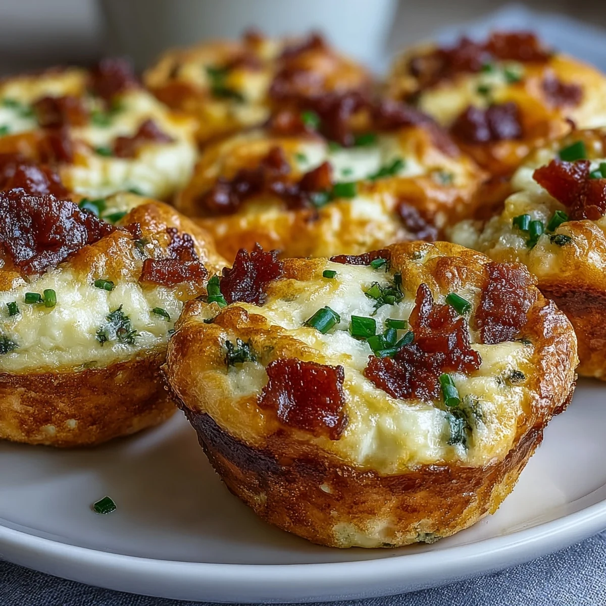 Close-up of Ranch & Cheddar Egg Muffin Cups showing the fluffy texture and speckled green chives. One muffin is cut in half to reveal the loaded cheesy interior with bacon pieces.