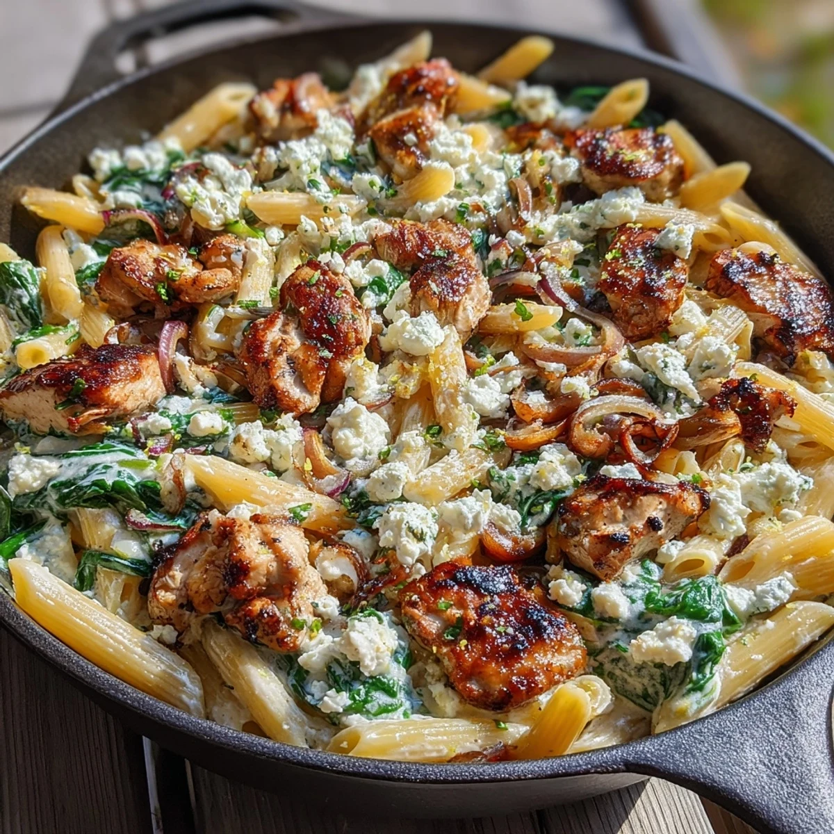 Steam rises from a skillet of Greek Chicken Feta Pasta Skillet garnished with fresh dill and lemon zest.