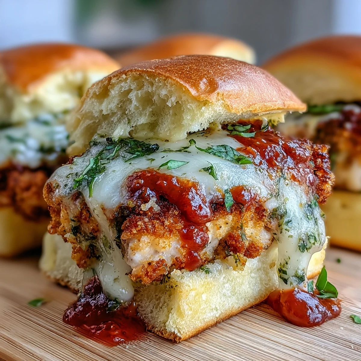 The crispy breaded chicken contrasts with soft, buttery buns and gooey cheese in this handheld appetizer.