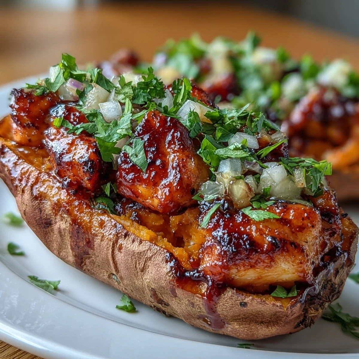 Golden roasted sweet potato boats brimming with saucy honey BBQ chicken and melted cheddar cheese.