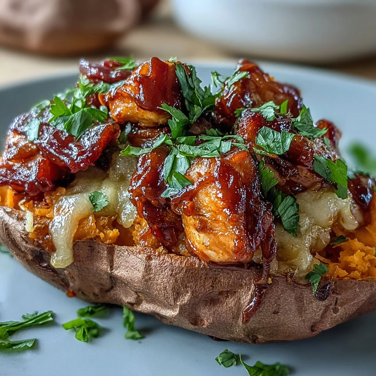 Savory honey BBQ chicken stuffed into sweet potato halves, garnished with cilantro, red onion, and sour cream.