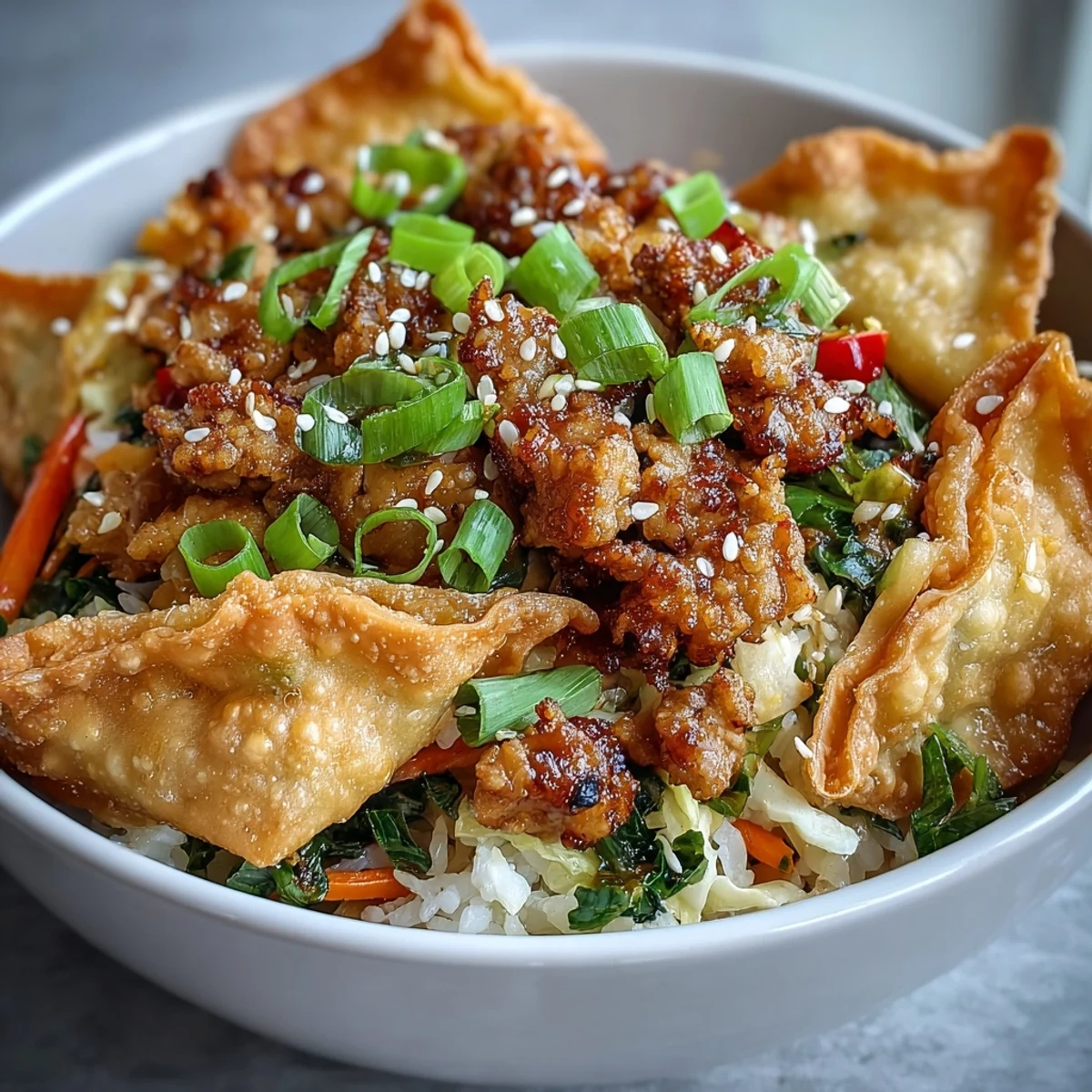 Golden baked wonton strips crown a colorful bowl of ground chicken, cabbage, carrots, and rice, showcasing the Crispy Baked Egg Roll Chicken Bowls recipe.