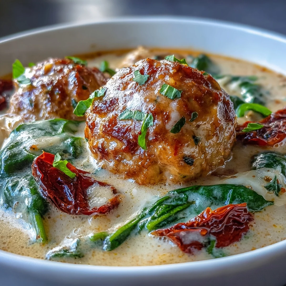 Fresh basil garnish and sun-dried tomatoes top a steaming bowl of Creamy Tuscan Turkey Meatball Soup next to crusty bread.