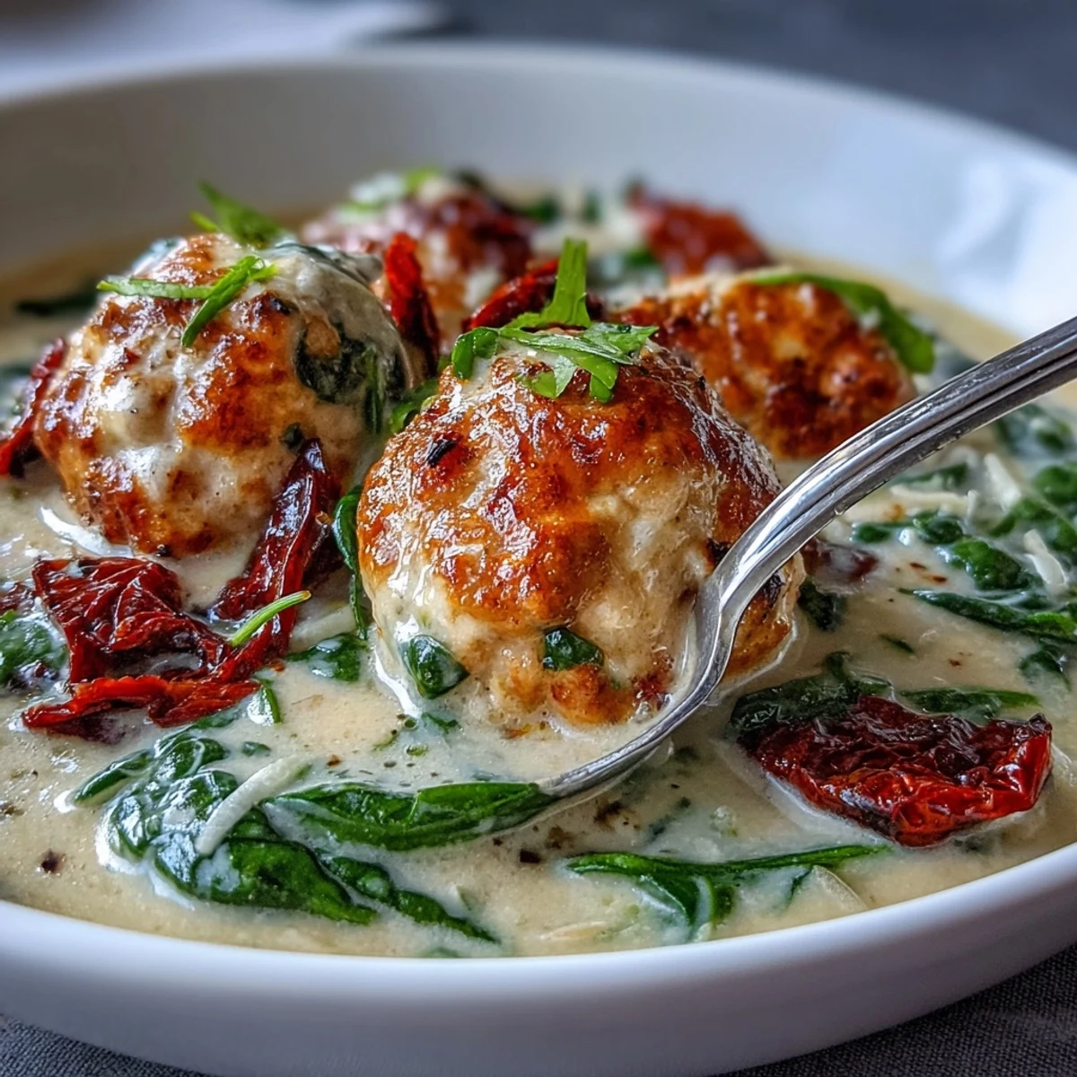 Spoon lifting a turkey meatball from Creamy Tuscan Turkey Meatball Soup, showing creamy garlic parmesan broth with spinach and tomatoes.