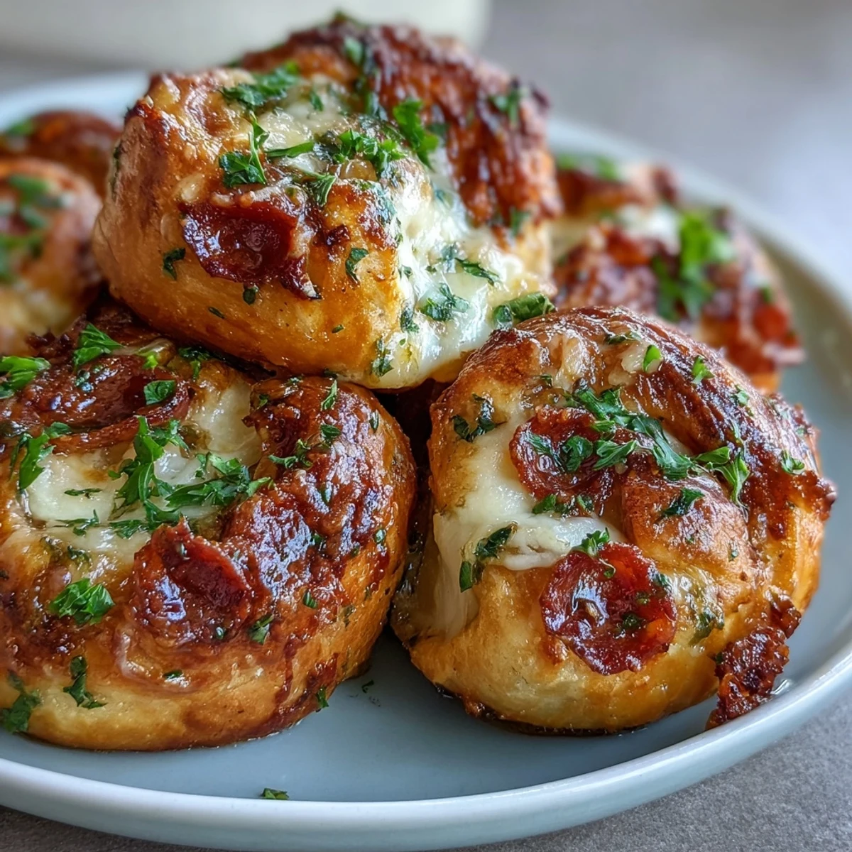 Overhead view of Pizza Roll Stuffed Garlic Knots revealing melted mozzarella and spicy pepperoni inside the soft dough.