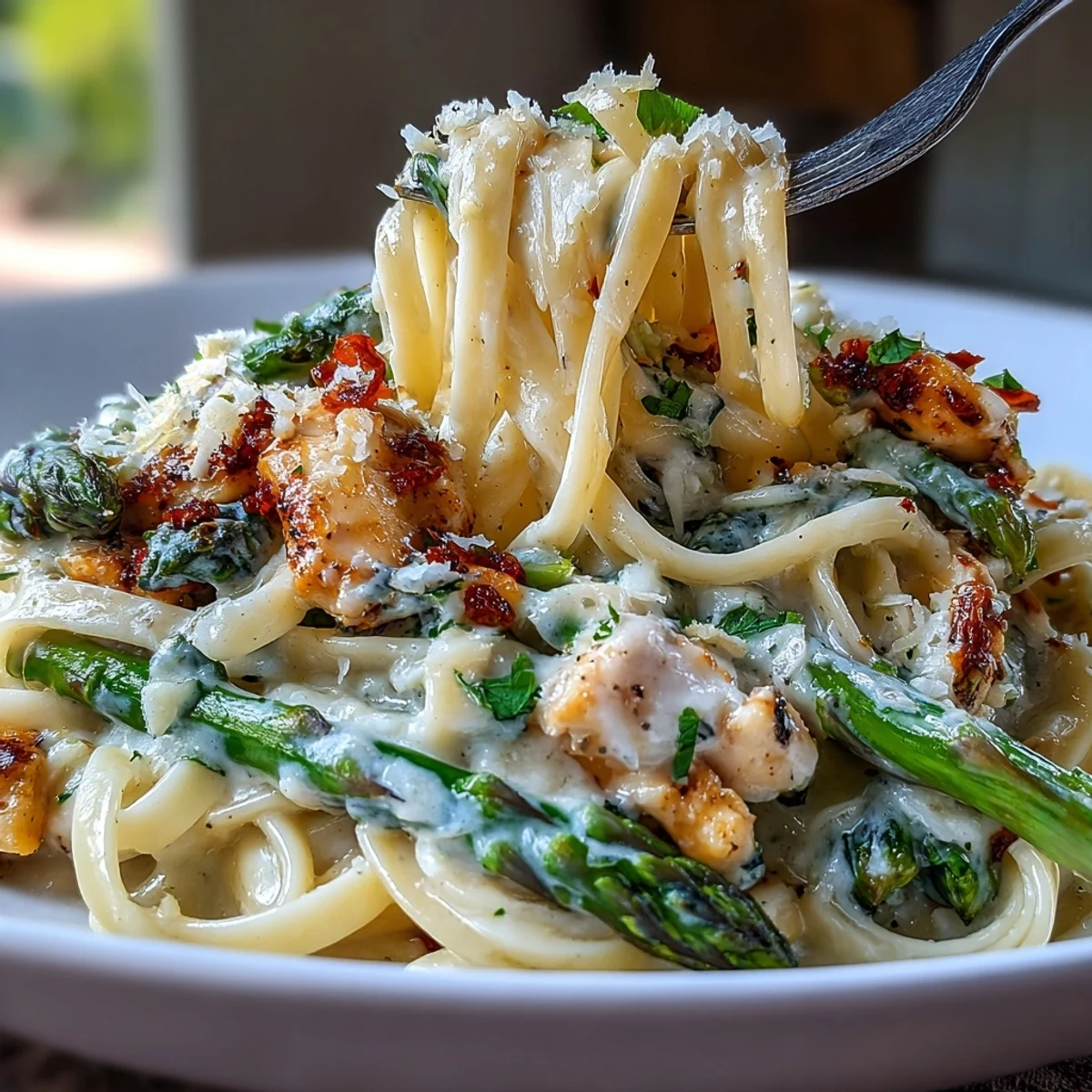 Freshly cooked Creamy Asiago Chicken & Asparagus Pasta features golden-brown chicken and roasted green asparagus spears coated in melted cheese.